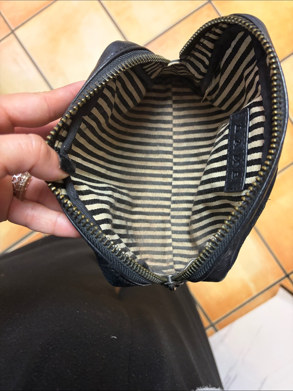 L.A.M.B. Black Leather Cosmetic Pouch with Green Center Stripe - Picture 9 of 9